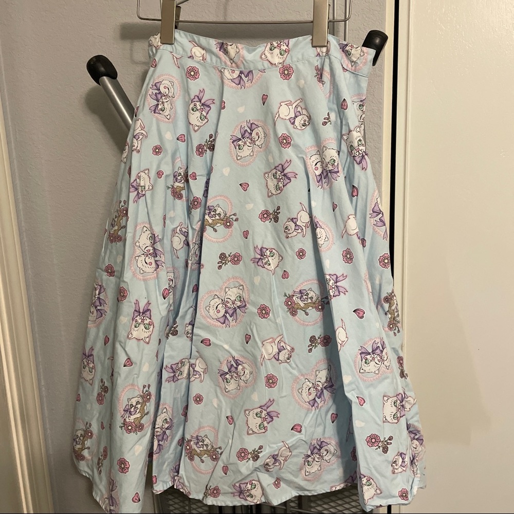 hell bunny light blue white cat kitten floral print midi circle skirt L Large